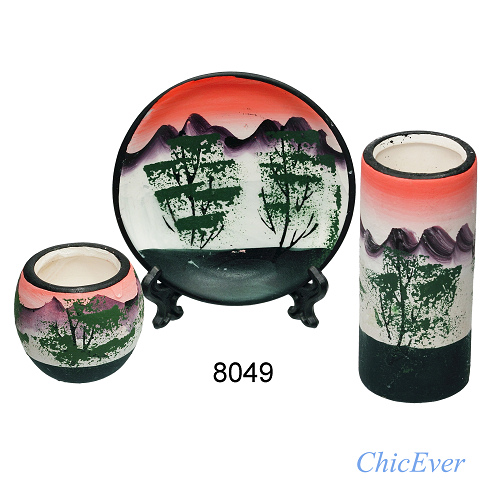 3 tlg. Mini-Dekoset, Vasen, Teller, handbemalt, 8049 - zum Schließen ins Bild klicken